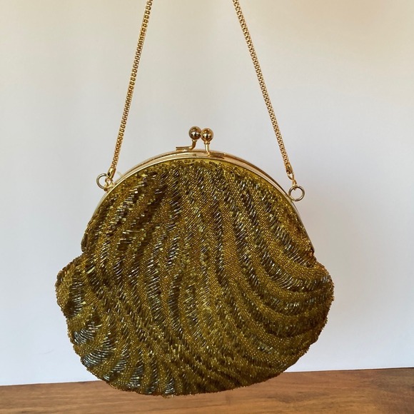 Vintage Kiss Lock‎ Elegant Gold Beaded Clutch Bag Purse Party Event Evening - Picture 12 of 12